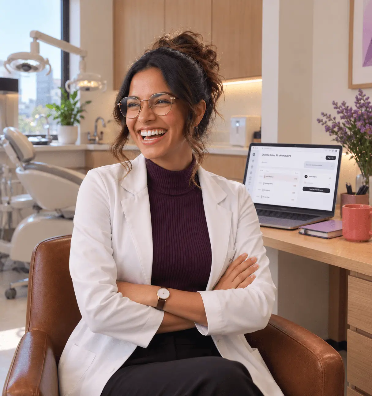 Dentista sorrindo, de jaleco branco e braços cruzados, em consultório, com a agenda da Cliniu no notebook ao lado